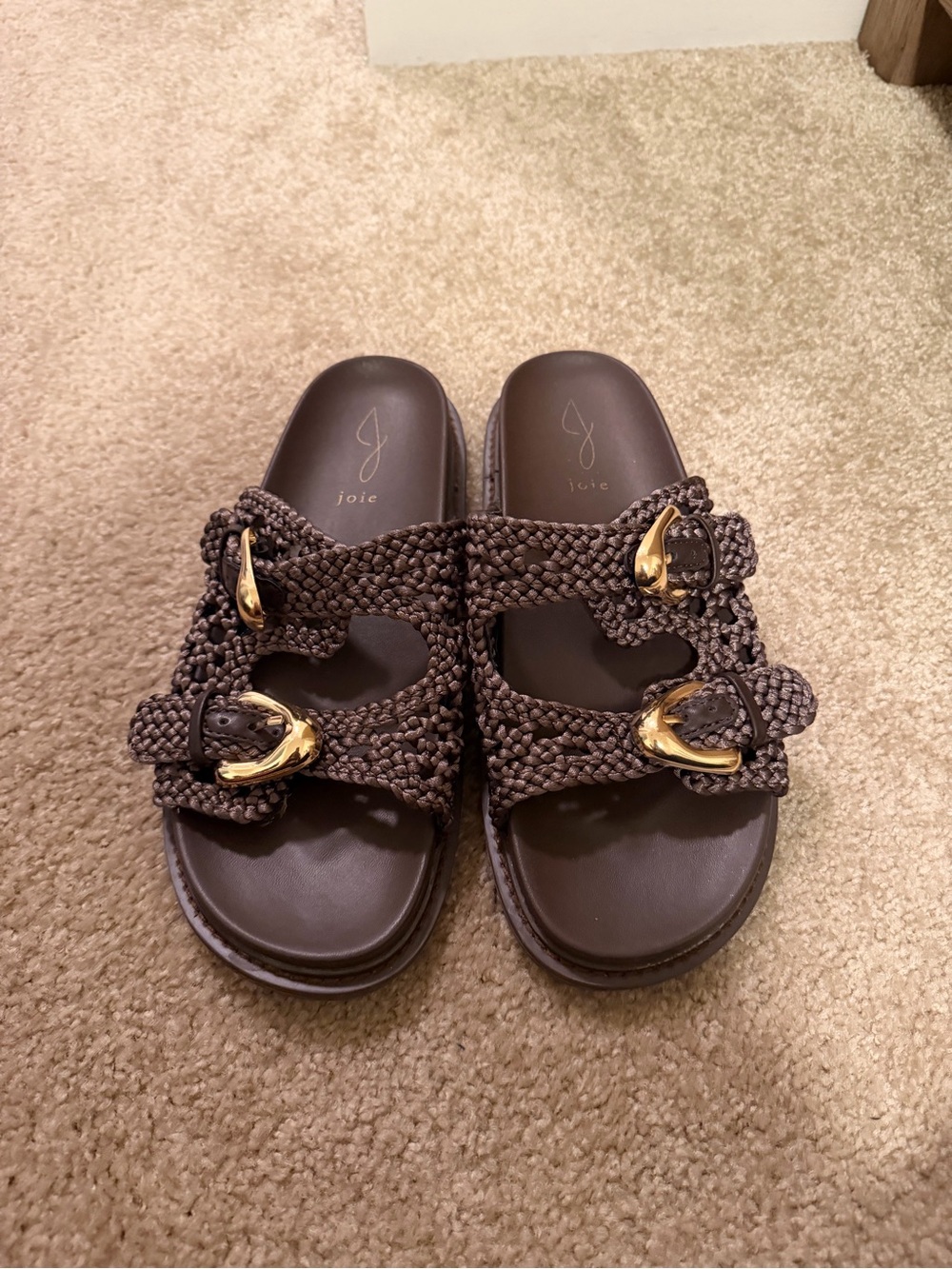 Joie Dark Brown Braided Double-Buckle Slide Sandals